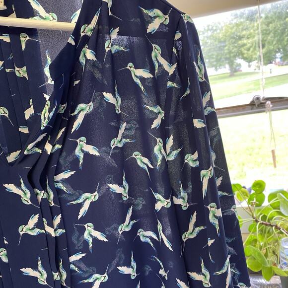 41 Hawthorn Shirt L Blue Hummingbird Print Polyester 3/4 Sleeve Popover Blouse - Picture 7 of 11